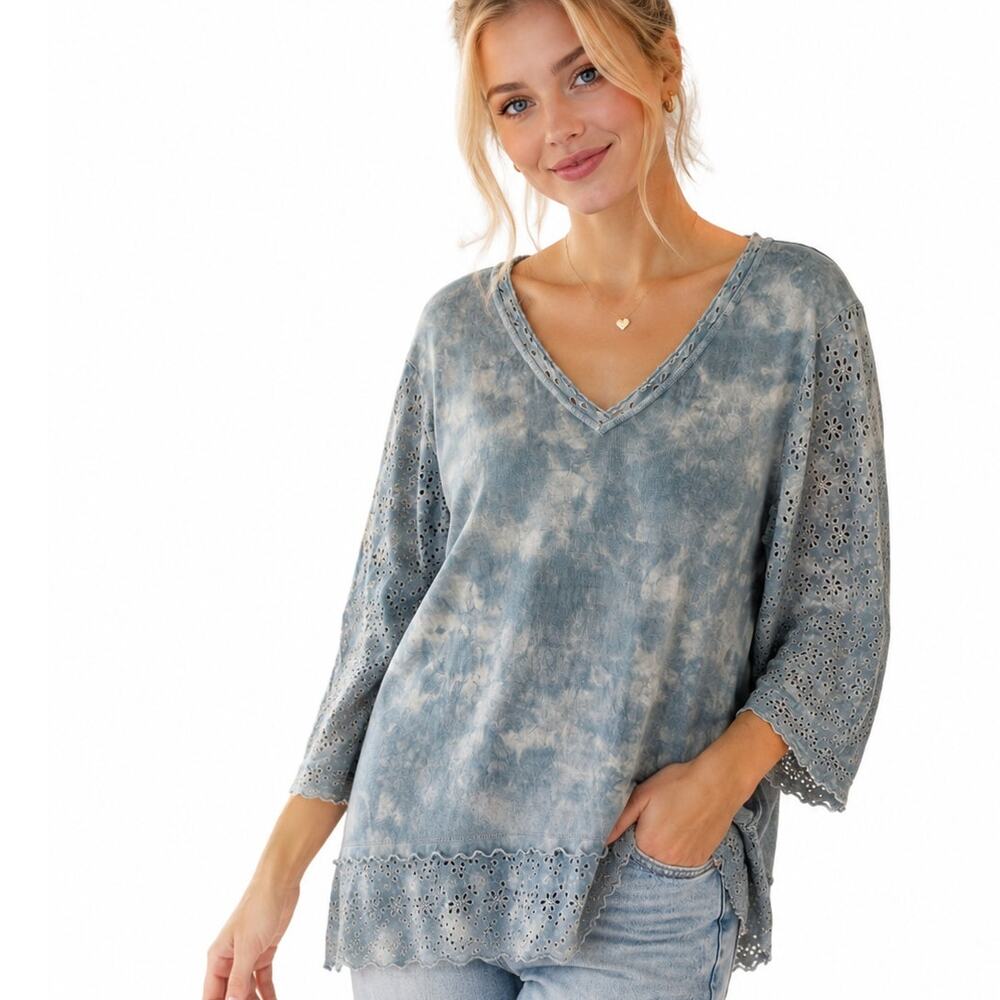 Glima Mineral Washed Knit Top Womens XL Light Blue Eyelet Sleeves Trim Boho Tee